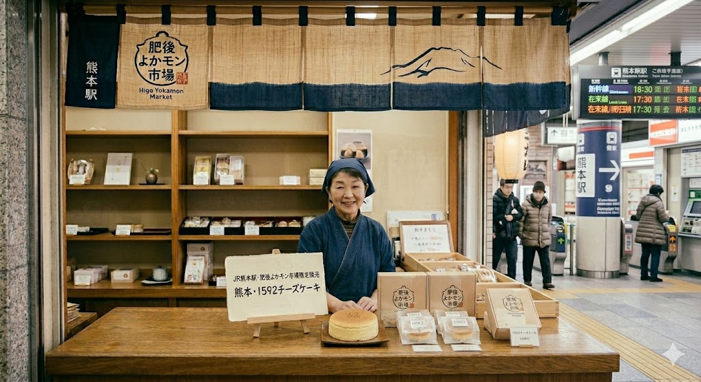 JR熊本駅の肥後よかモン市場で販売される1592チーズケーキ
