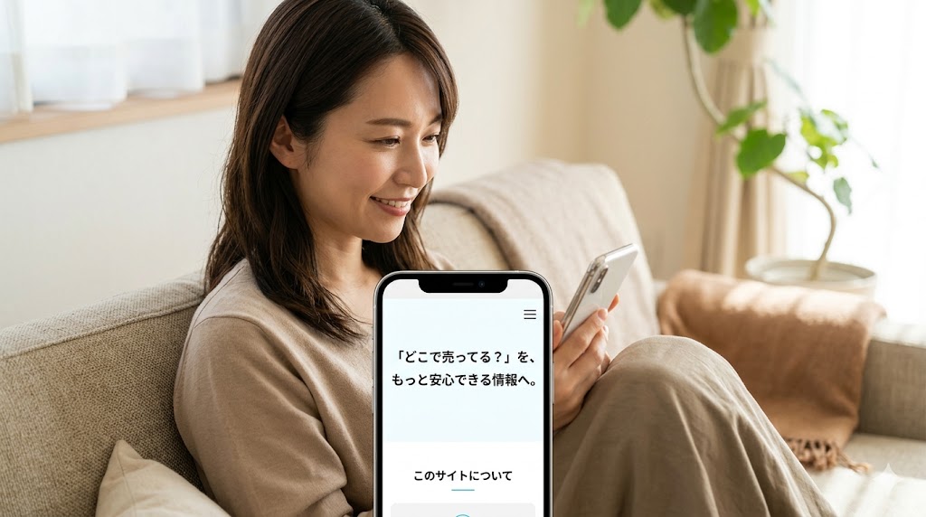 自宅のソファでリラックスしながら、スマホで「どこで売ってる？」の安心できる情報サイトを見る女性のイメージ写真