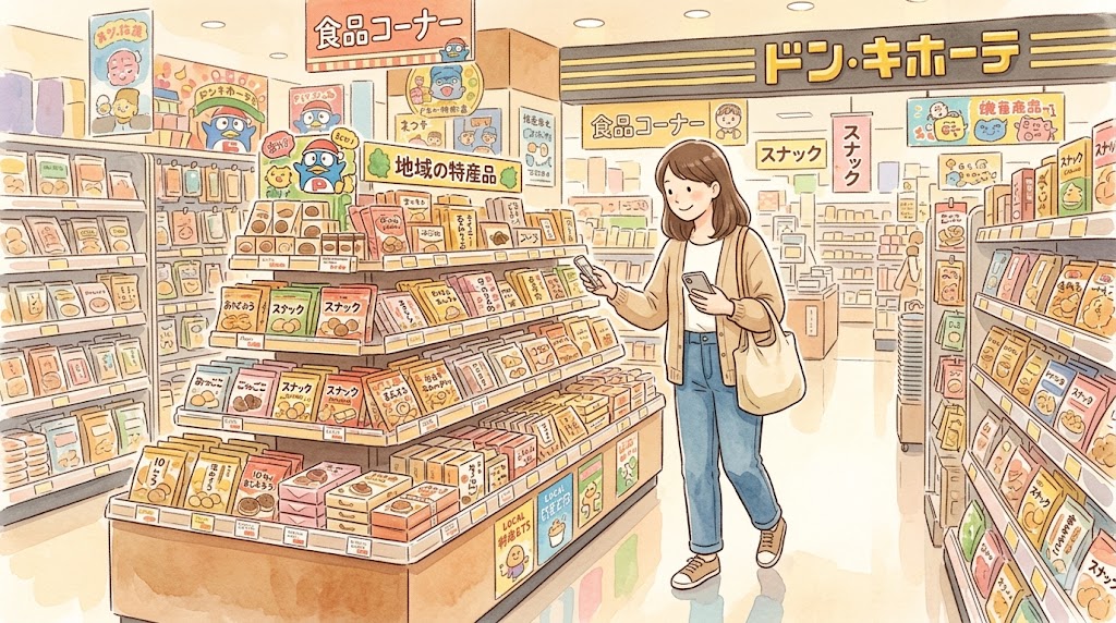 ドン・キホーテの店内で10円まんじゅうが売っているか売り場を調査する様子