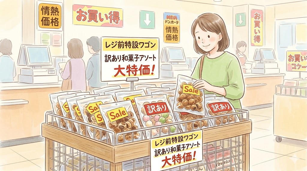 ドン・キホーテのレジ前特設ワゴンに山積みされた訳ありのミニ和菓子アソート