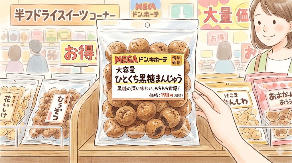 ドン・キホーテの半生菓子コーナーに並ぶ大容量のひとくち黒糖まんじゅうパック