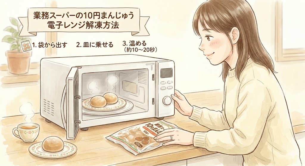 業務スーパーの10円まんじゅうを電子レンジで解凍しておいしく食べる方法のイメージ
