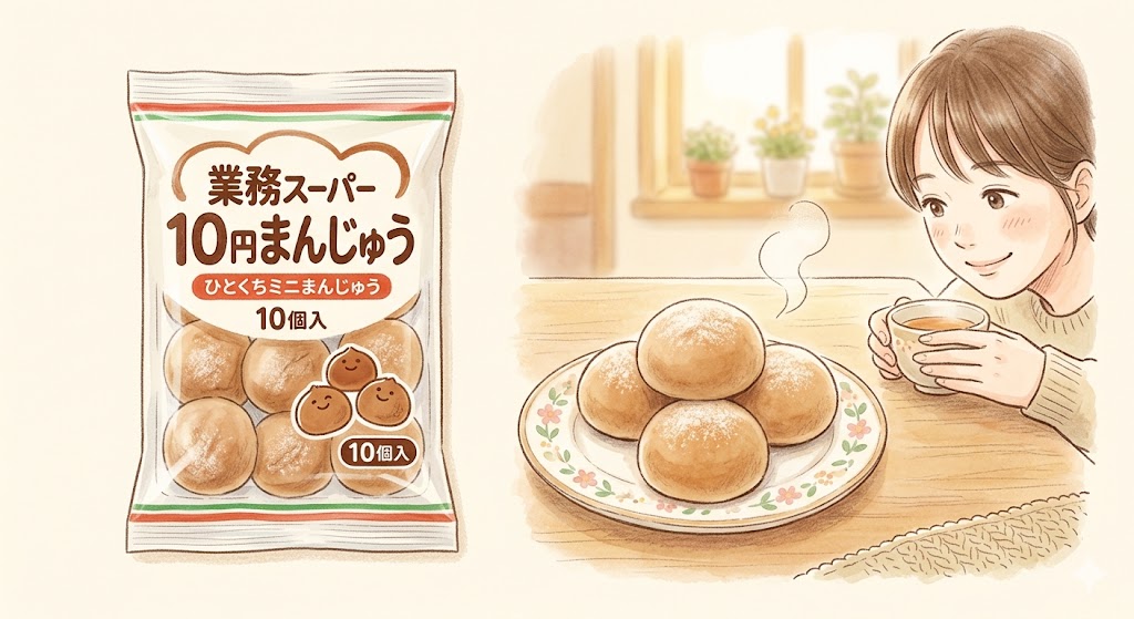 業務スーパーの10円まんじゅう（ミニまんじゅう）のパッケージと中身を並べた写真