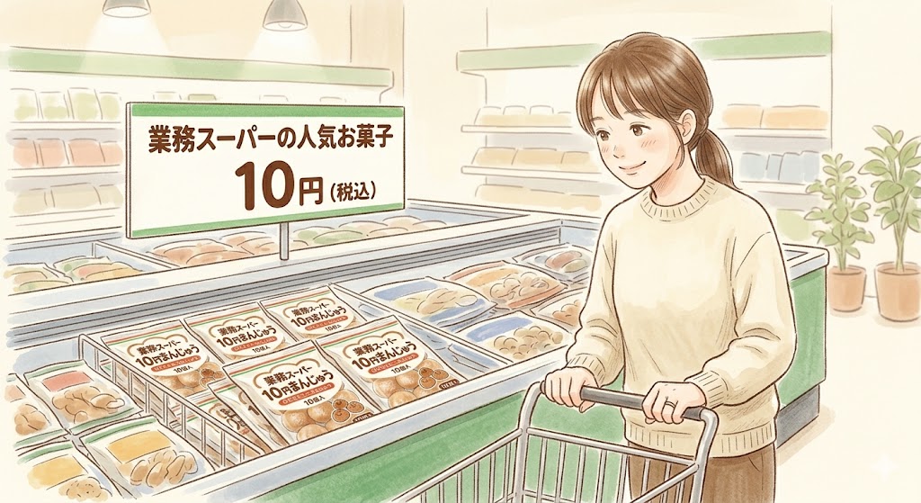業務スーパーの冷凍食品コーナーで10円まんじゅうが陳列されている売り場の様子