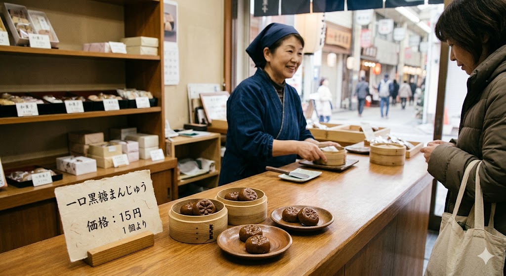 商店街の和菓子店で販売されている一口サイズの黒糖まんじゅう