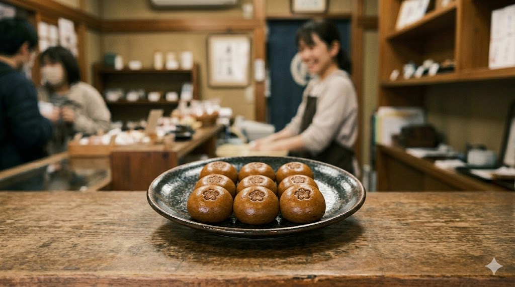 10円まんじゅうが並んだ様子と「どこで売ってる？」