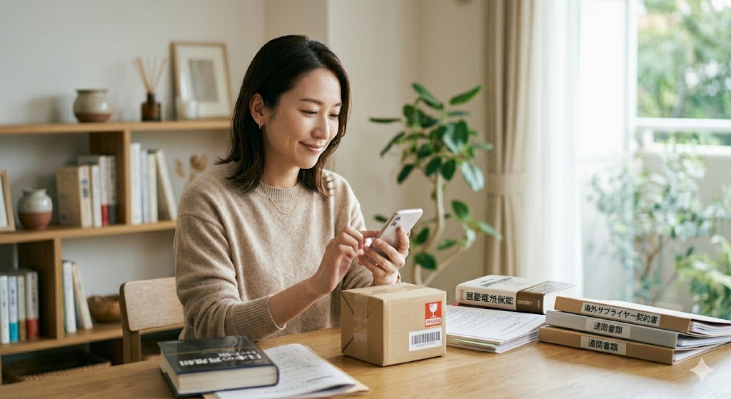 日本の30代女性が、自宅でスマートフォンを見ながら、信頼できるコマース専門家とのやり取りで安堵している様子。テーブルには専門書や書類、そして丁寧に梱包されたパッケージが置かれており、彼女の専門性と信頼性が感じられる。