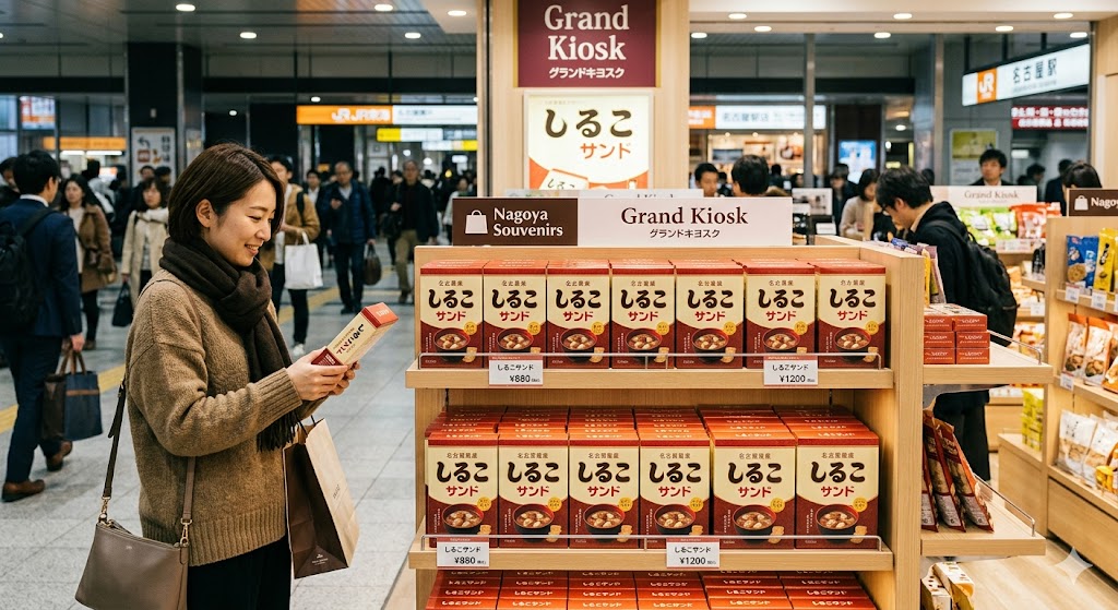名古屋駅でお土産用のしるこサンドが綺麗に陳列されている売り場の棚