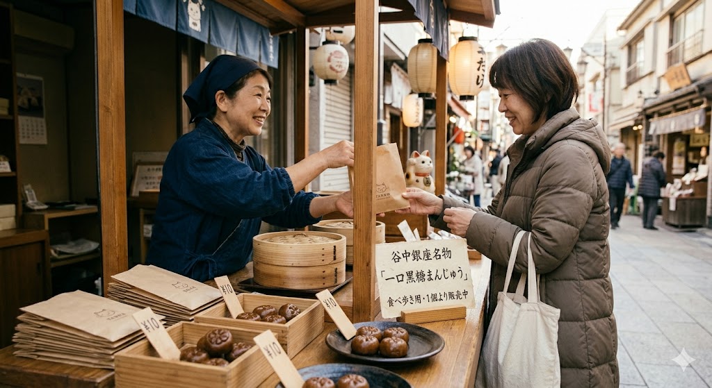 東京の谷中銀座など観光地で人気の食べ歩き用10円まんじゅう