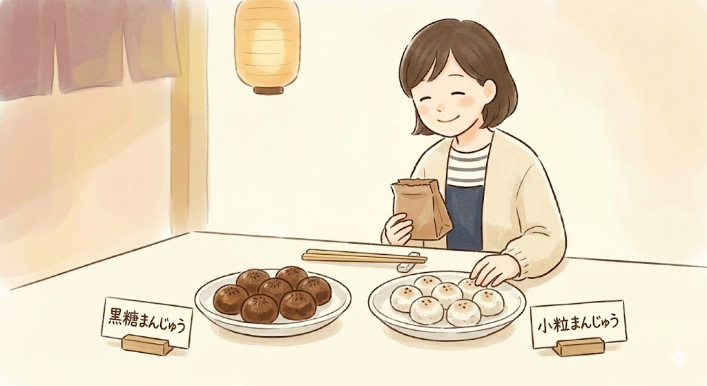 イオンの和菓子コーナーに並ぶ小粒まんじゅうや黒糖まんじゅう