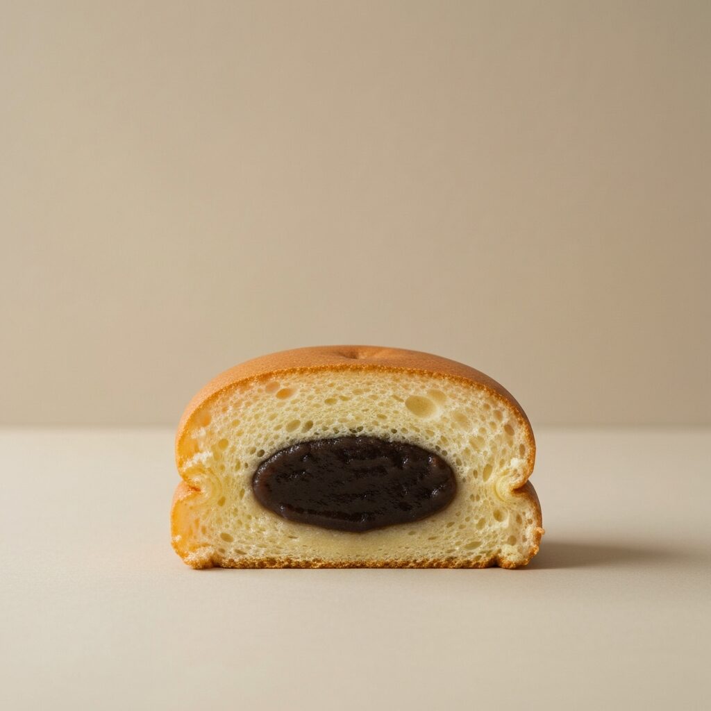 生しるこサンドの断面（しっとりした生地にあんこクリーム）
